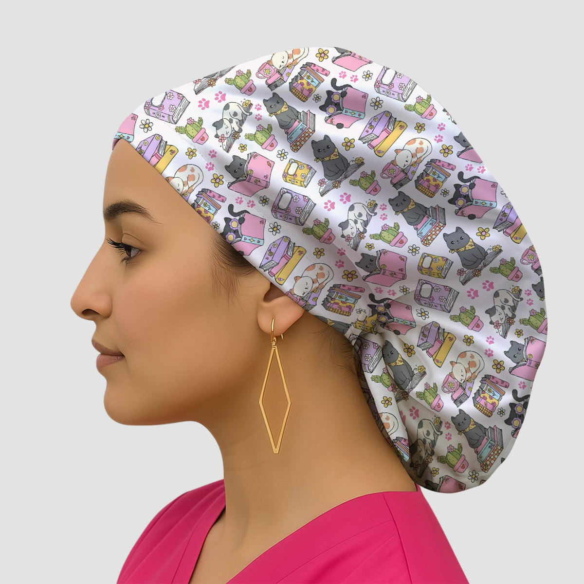 Cat Book Cactus Scrub Cap