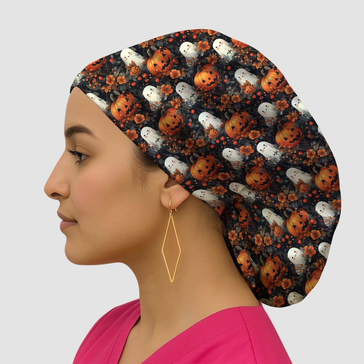 Spooky Ghost Pumpkin Scrub Cap