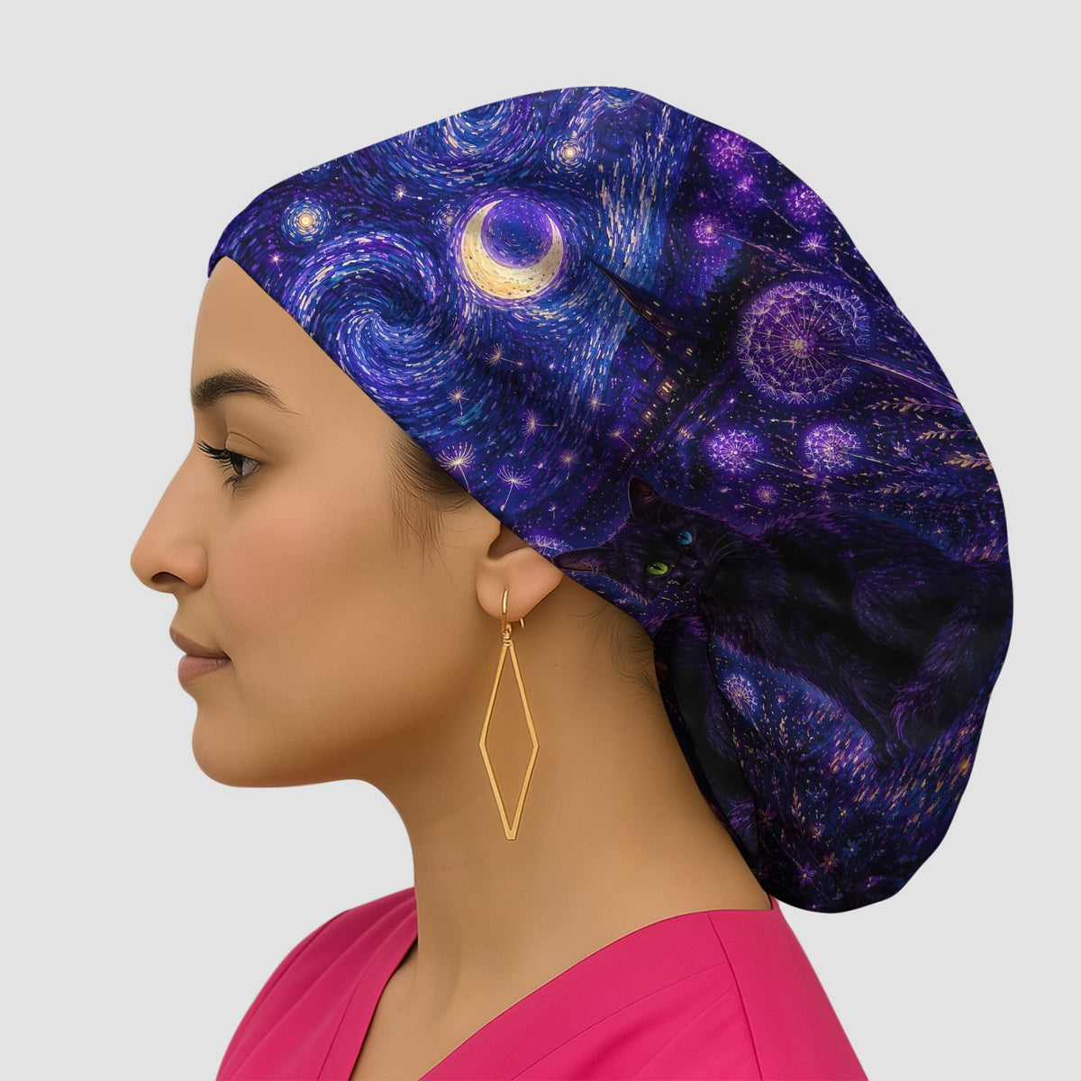 Mystical Black Cat Starry Night Scrub Cap
