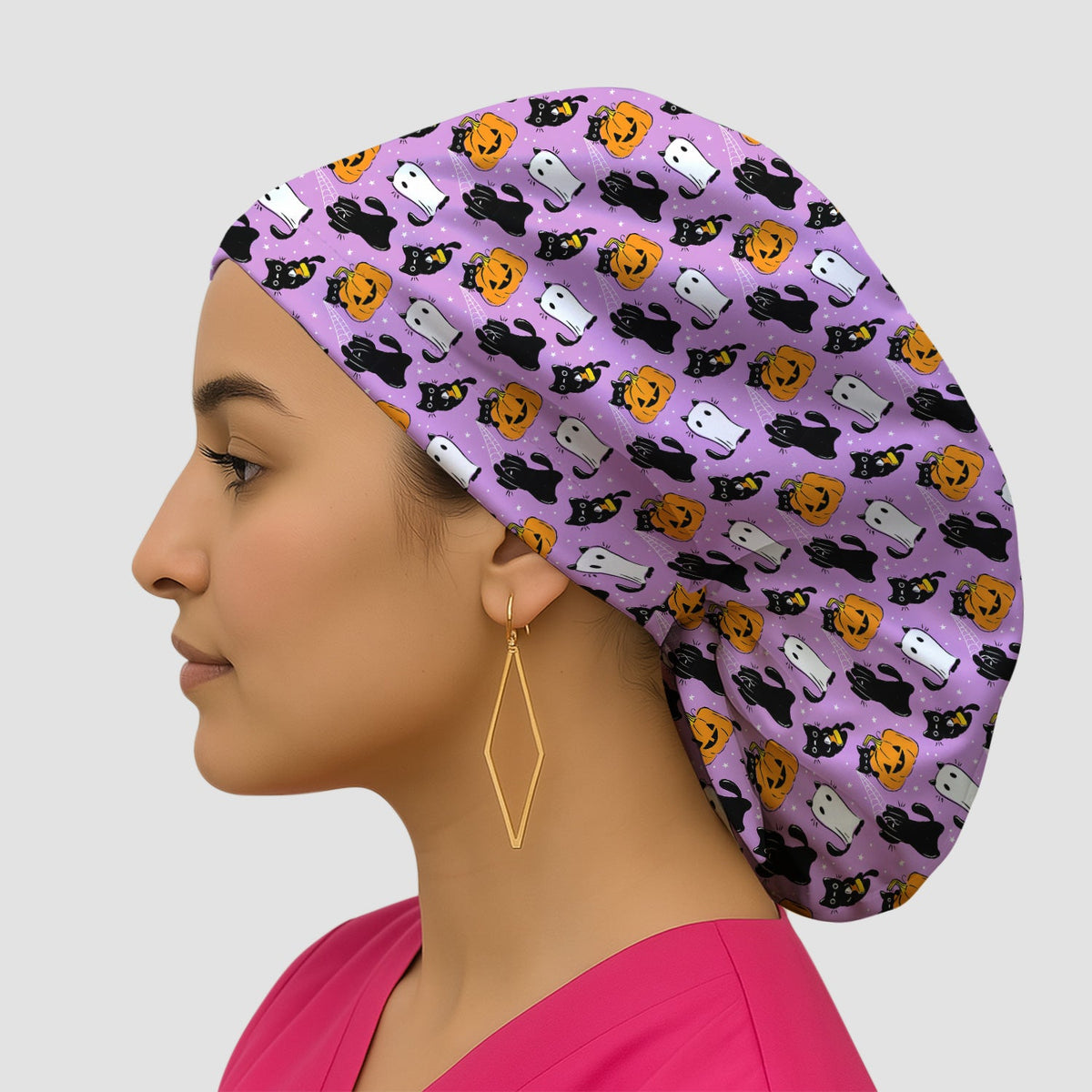 Purple Halloween Black Cat Scrub Cap