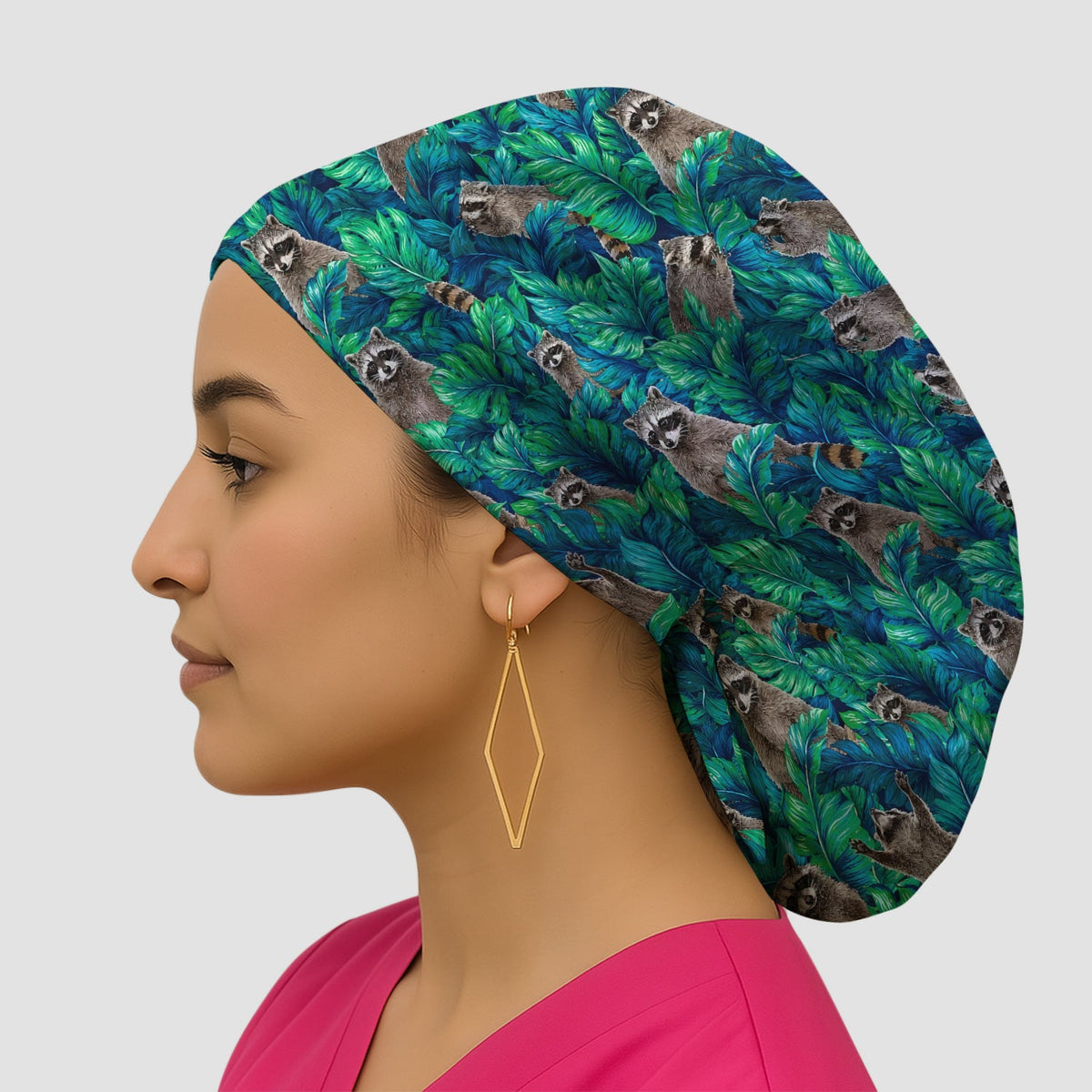 Tropical Raccoon Jungle Leaves Scrub Cap