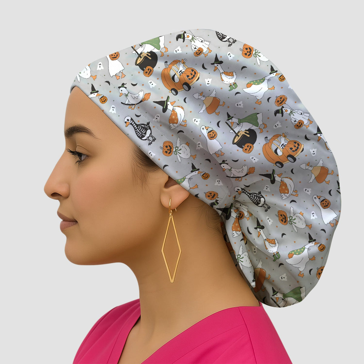 Goose Pumpkin Checkered Scrub Cap - Halloween Gift For Nurse