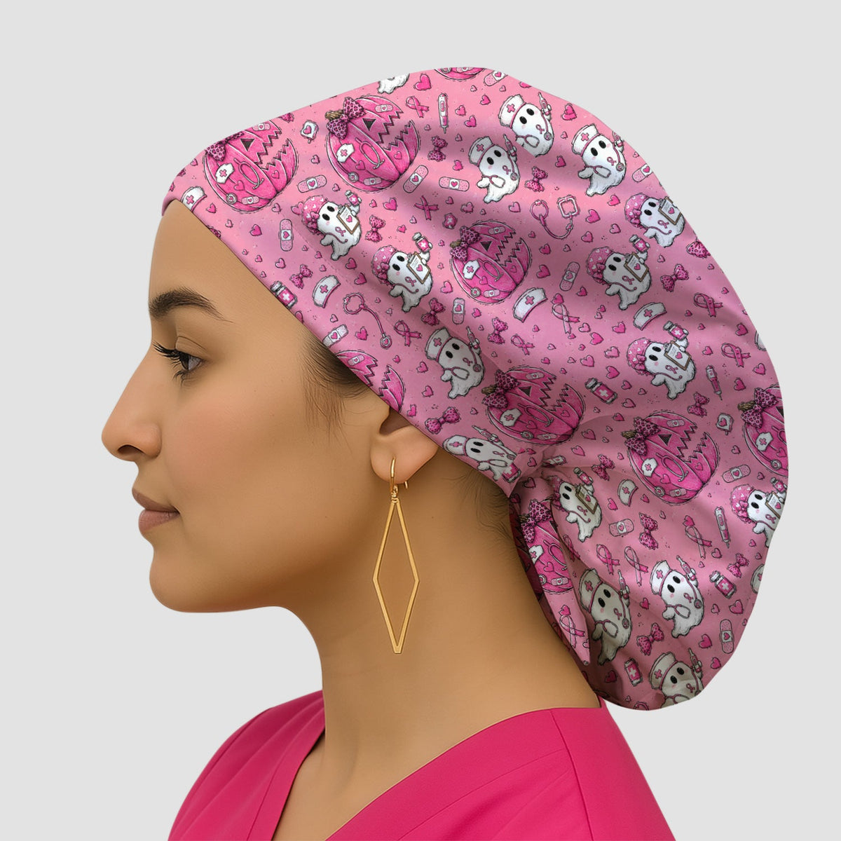 Pink Ribbon Ghost Pattern Scrub Cap