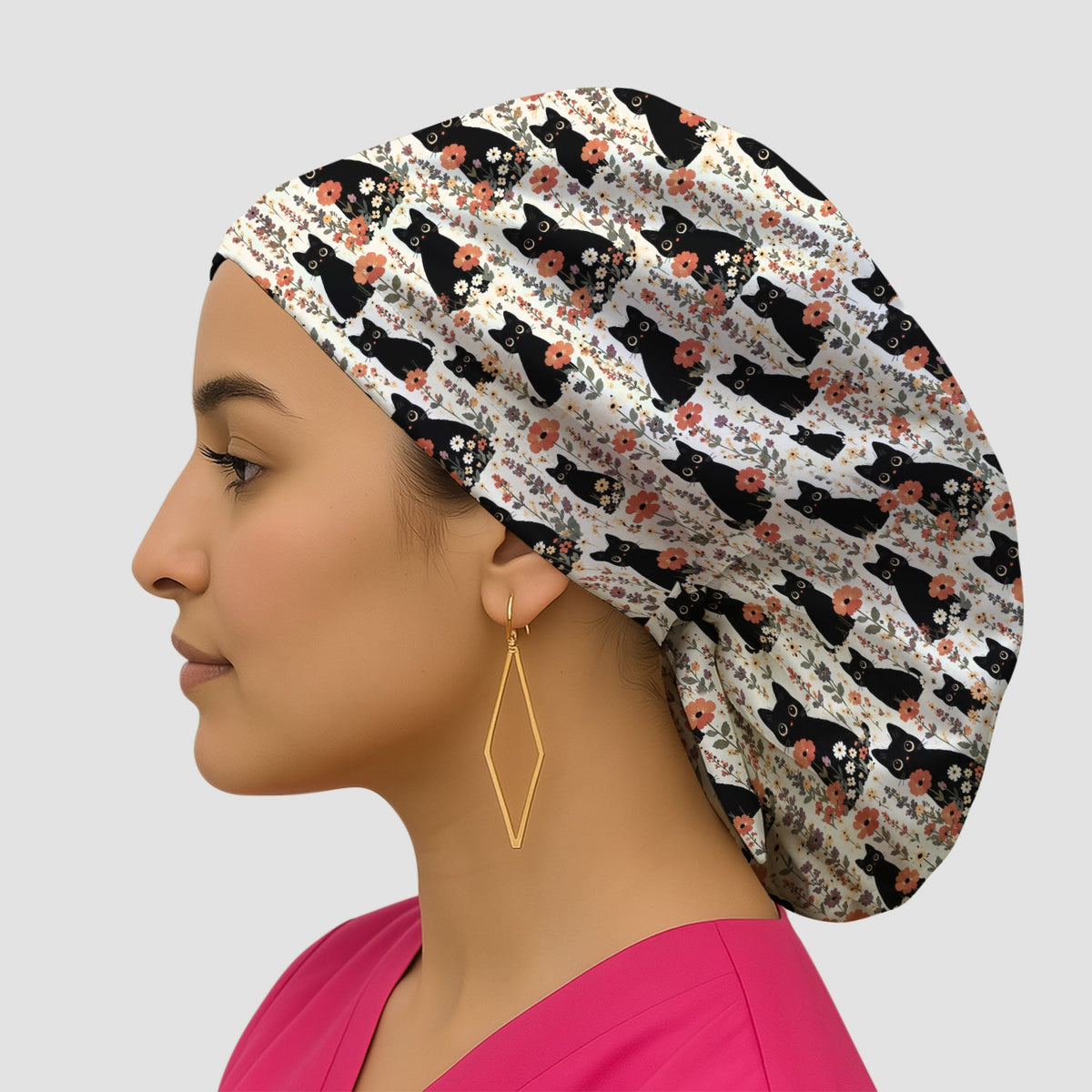 Cute Black Cat Wildflower Scrub Cap