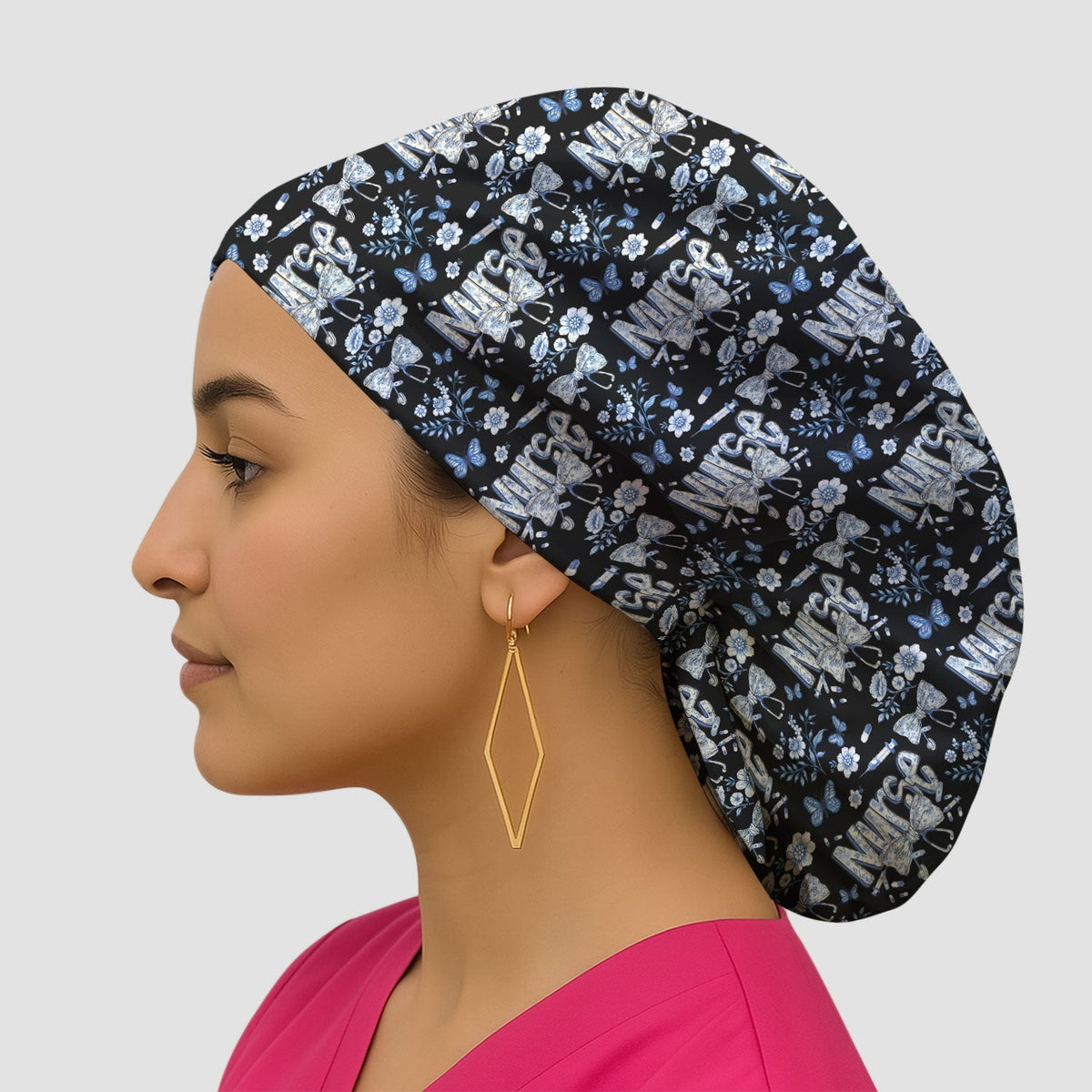 Blue Nurse Bow Butterfly Floral Scrub Cap