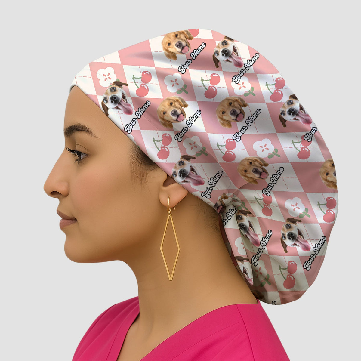 Dog Face Cherry Argyle Scrub Cap