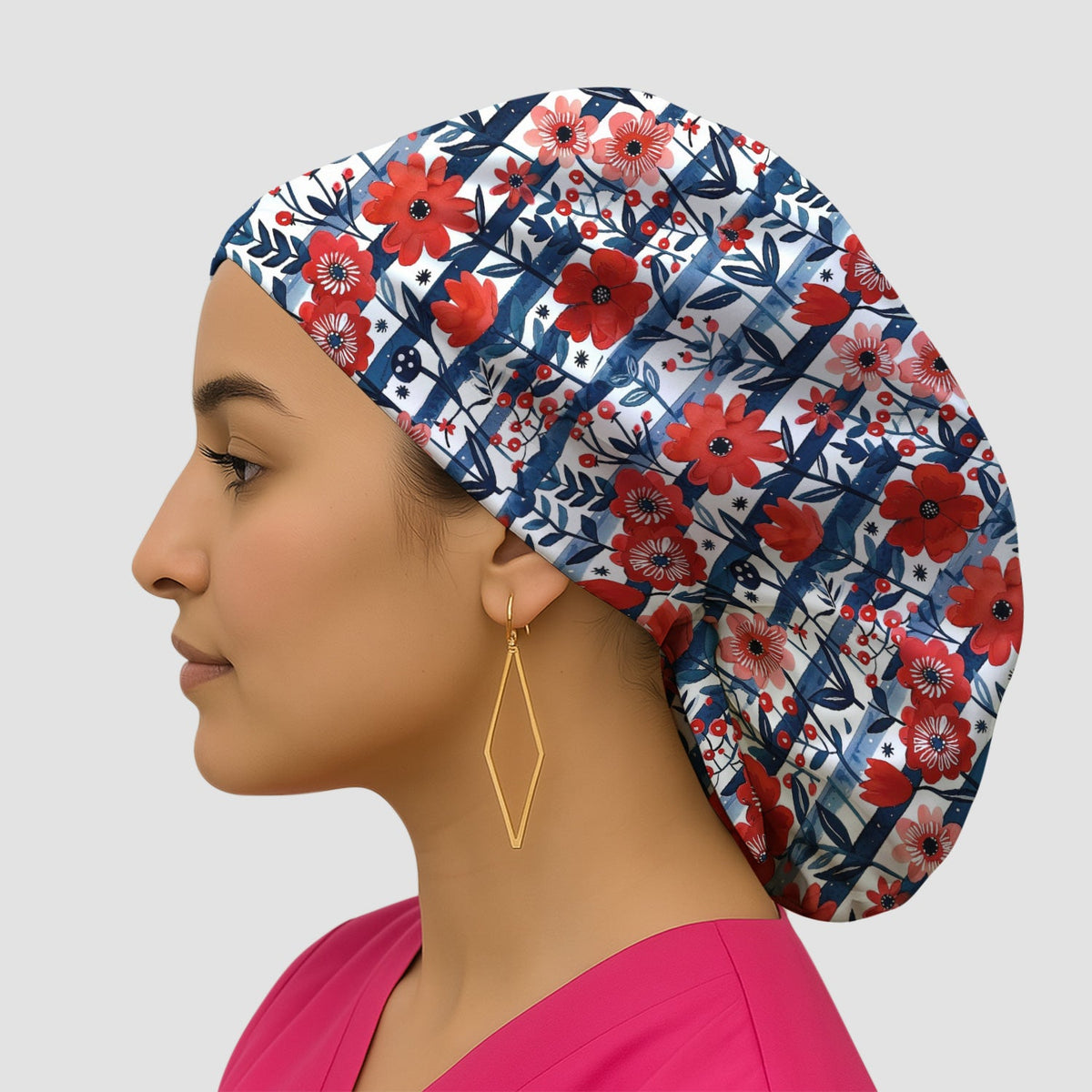 Red Poppy Navy Stripe Scrub Cap
