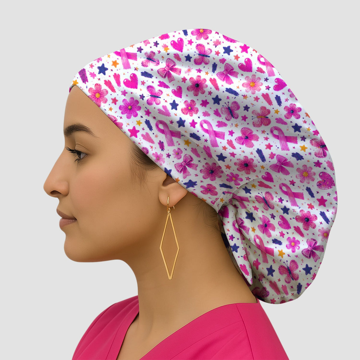 Pink Ribbon Floral Scrub Cap