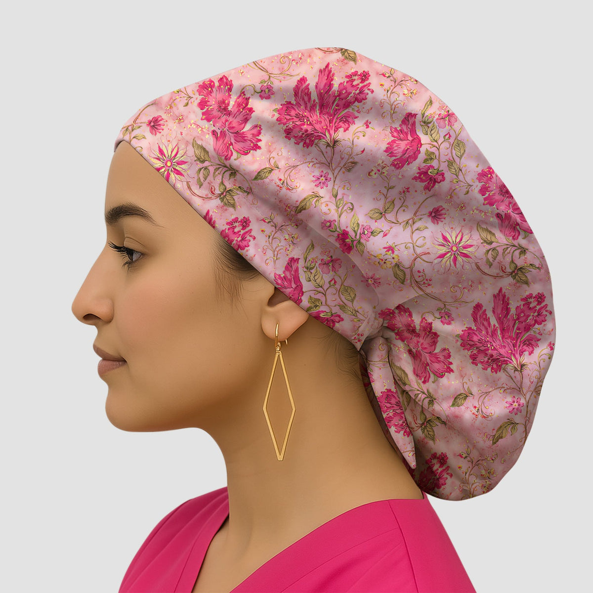 Elegant Pink Floral Vine Scrub Cap