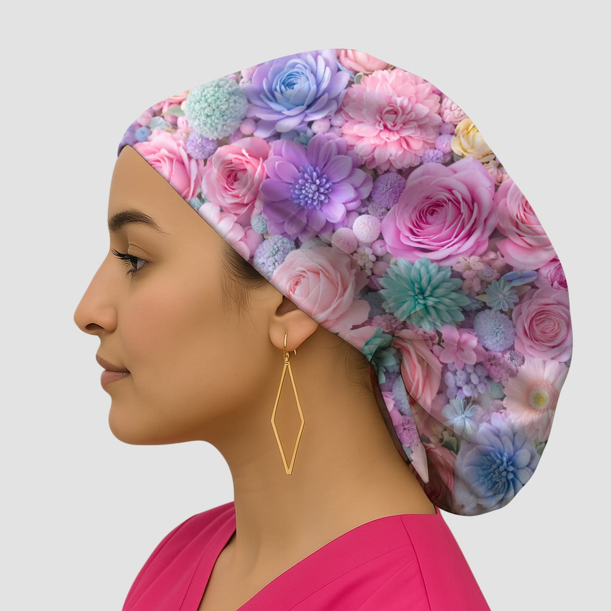 Pastel Floral Pink Rose Nurse Scrub Cap