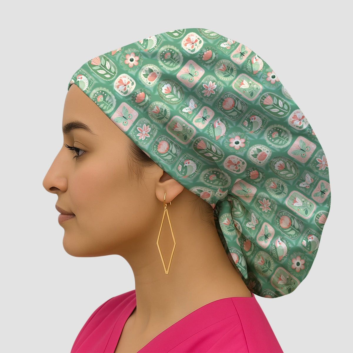 Folk Art Floral Bird Butterfly Garden Scrub Cap