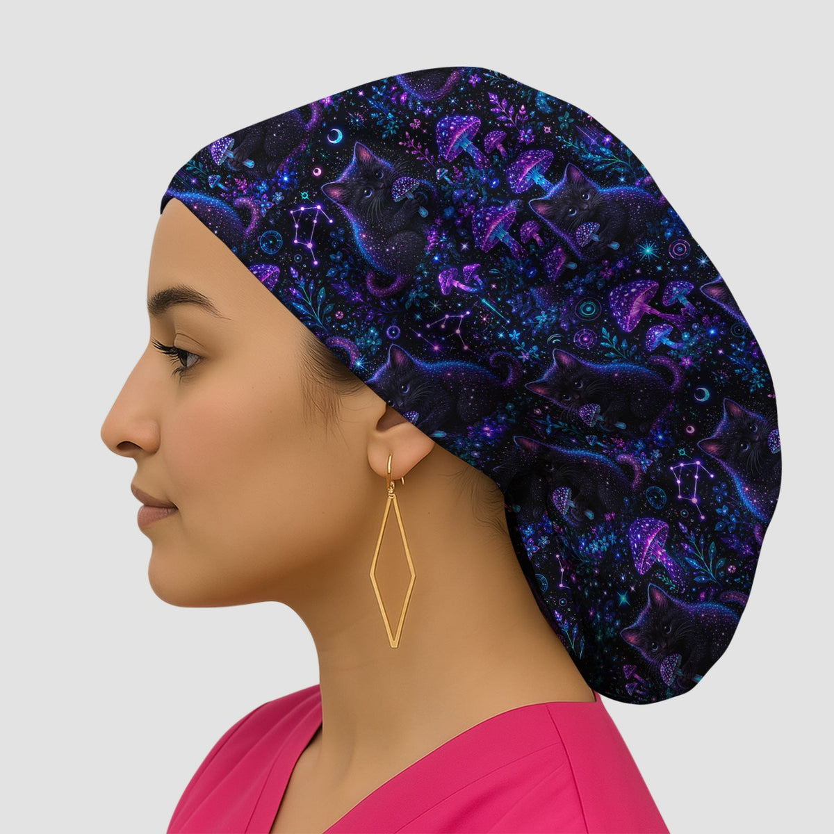 Neon Black Cat Mushroom Galaxy Scrub Cap
