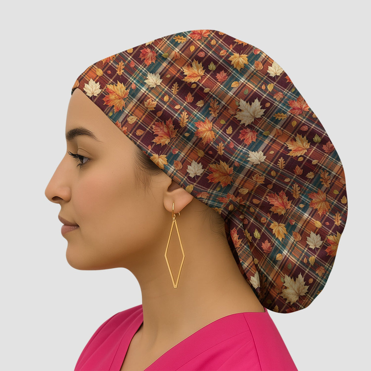 Autumn Plaid Maple Leaves Scrub Cap