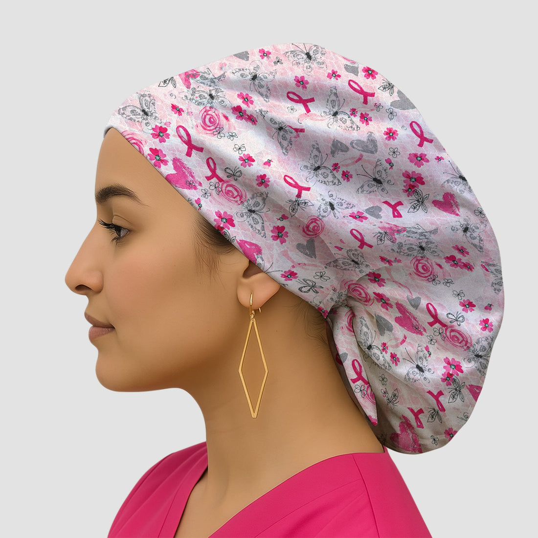 Breast Cancer Awareness Butterfly Floral Scrub Cap