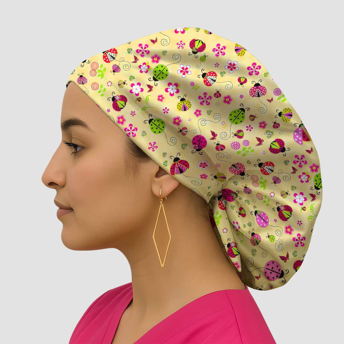 Yellow Ladybug Floral Garden Scrub Cap