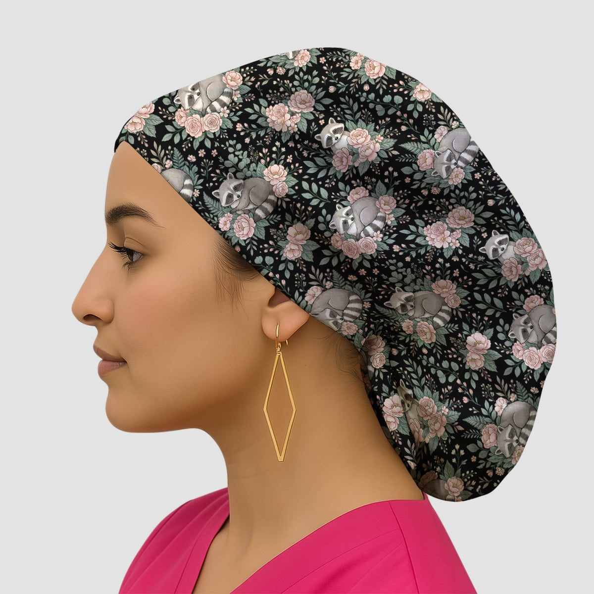 Sleeping Raccoon Rose Garden Scrub Cap