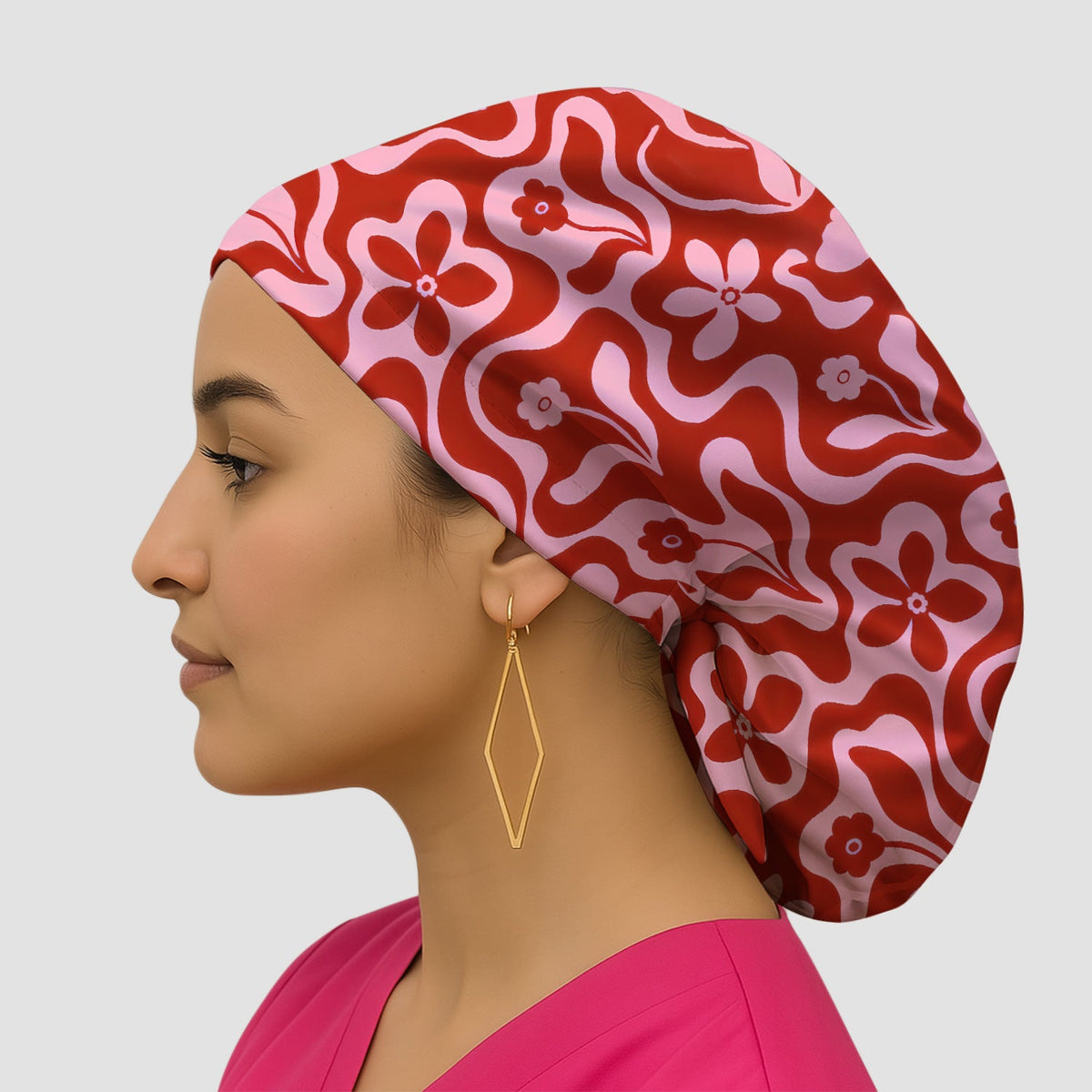 Retro Pink Floral Groovy Scrub Cap