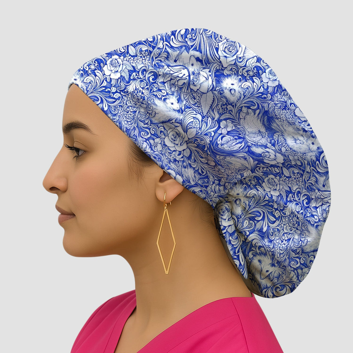 Blue Floral Opossum And Roses Scrub Cap