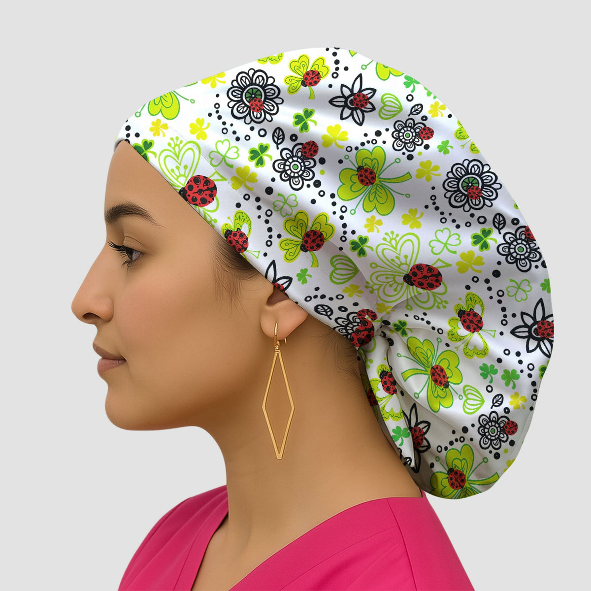 Ladybug Clover Floral Scrub Cap