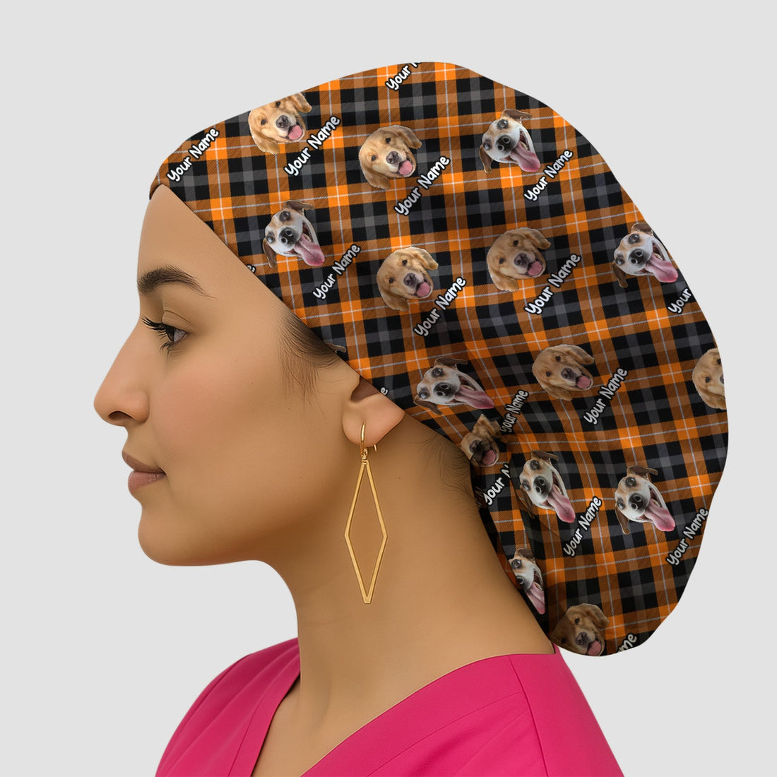 Personalized Halloween Dog Photo Plaid Scrub Cap