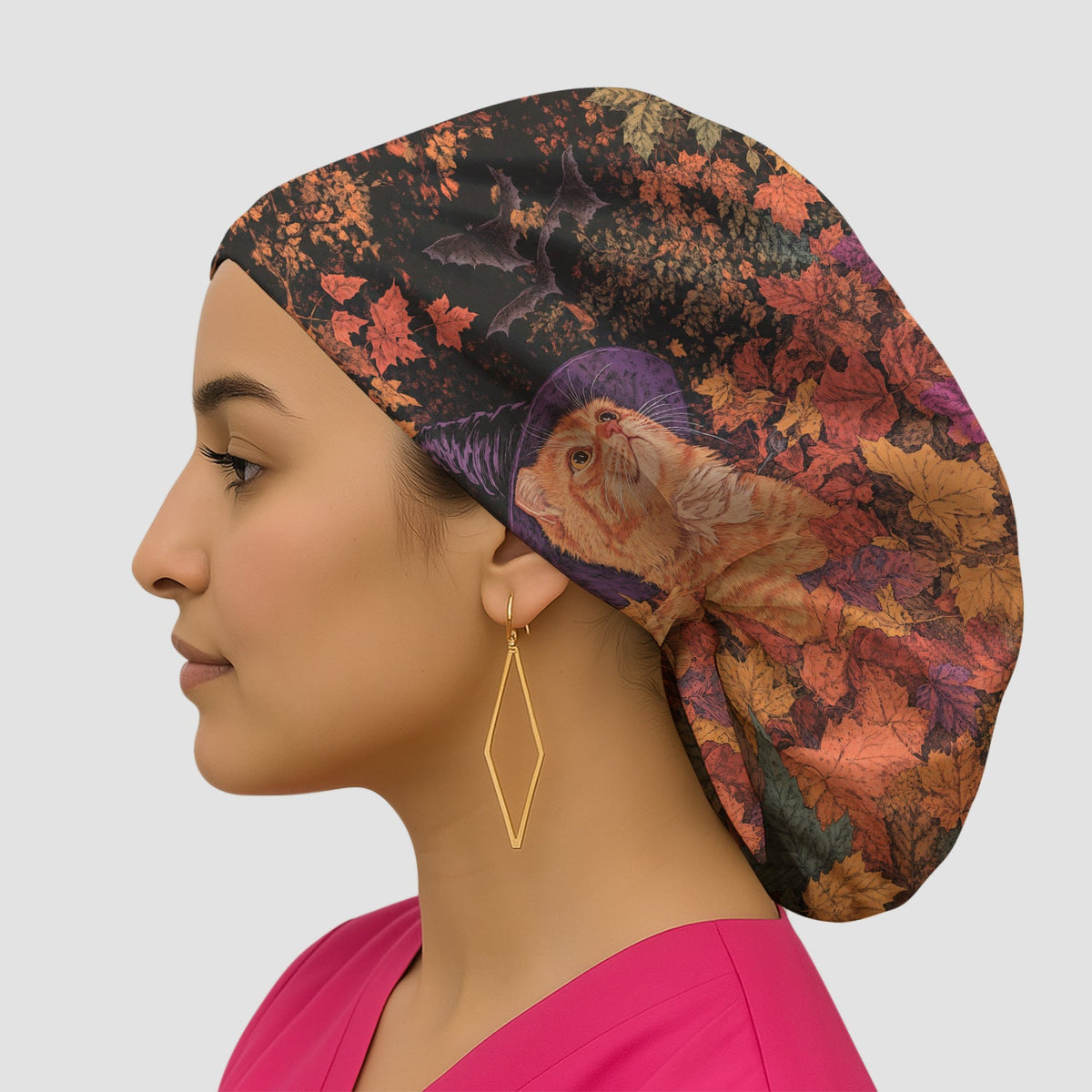 Autumn Cat Fall Leaves Scrub Cap