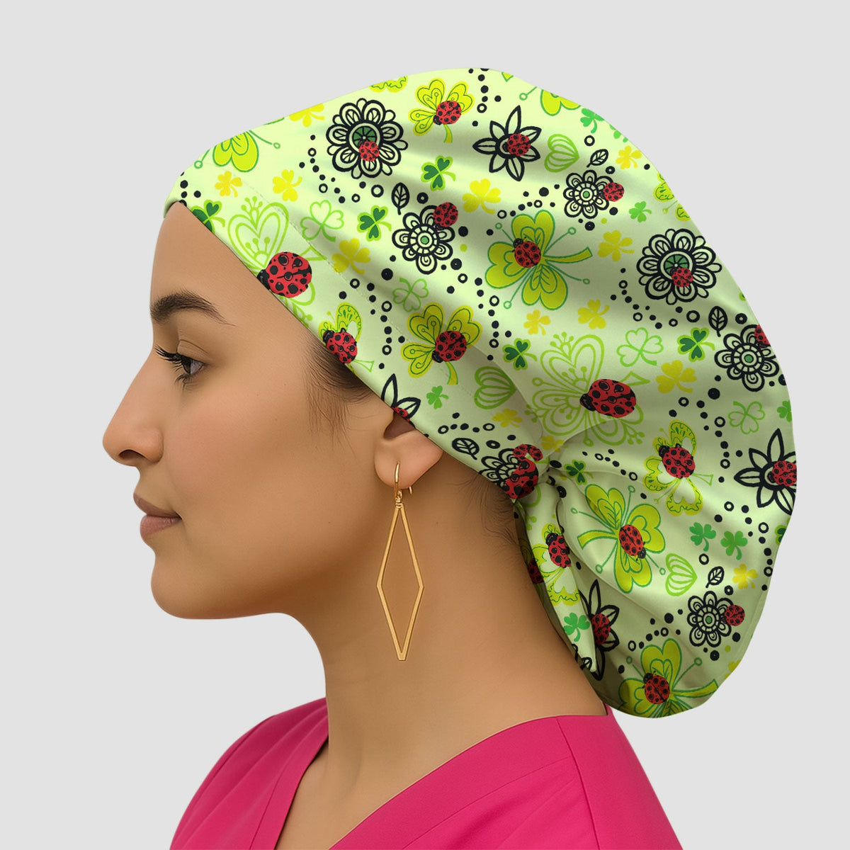 Ladybug Clover Floral Scrub Cap