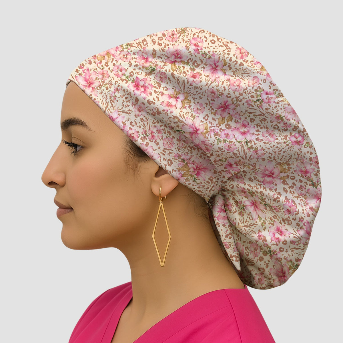 Pink Floral Leopard Scrub Cap