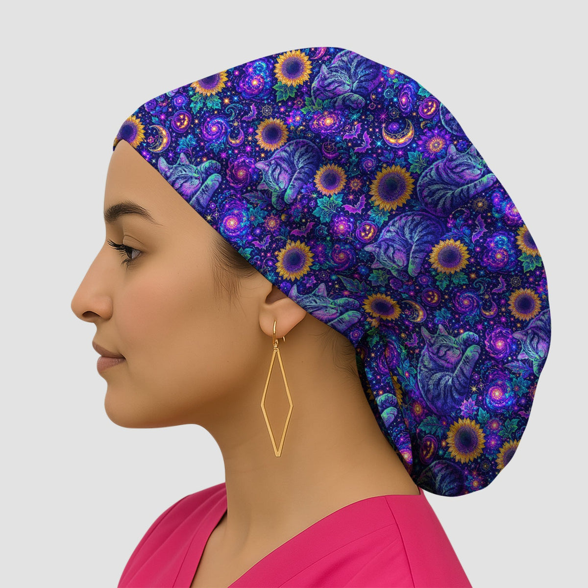 Spooky Galaxy Cat Sunflower Scrub Cap
