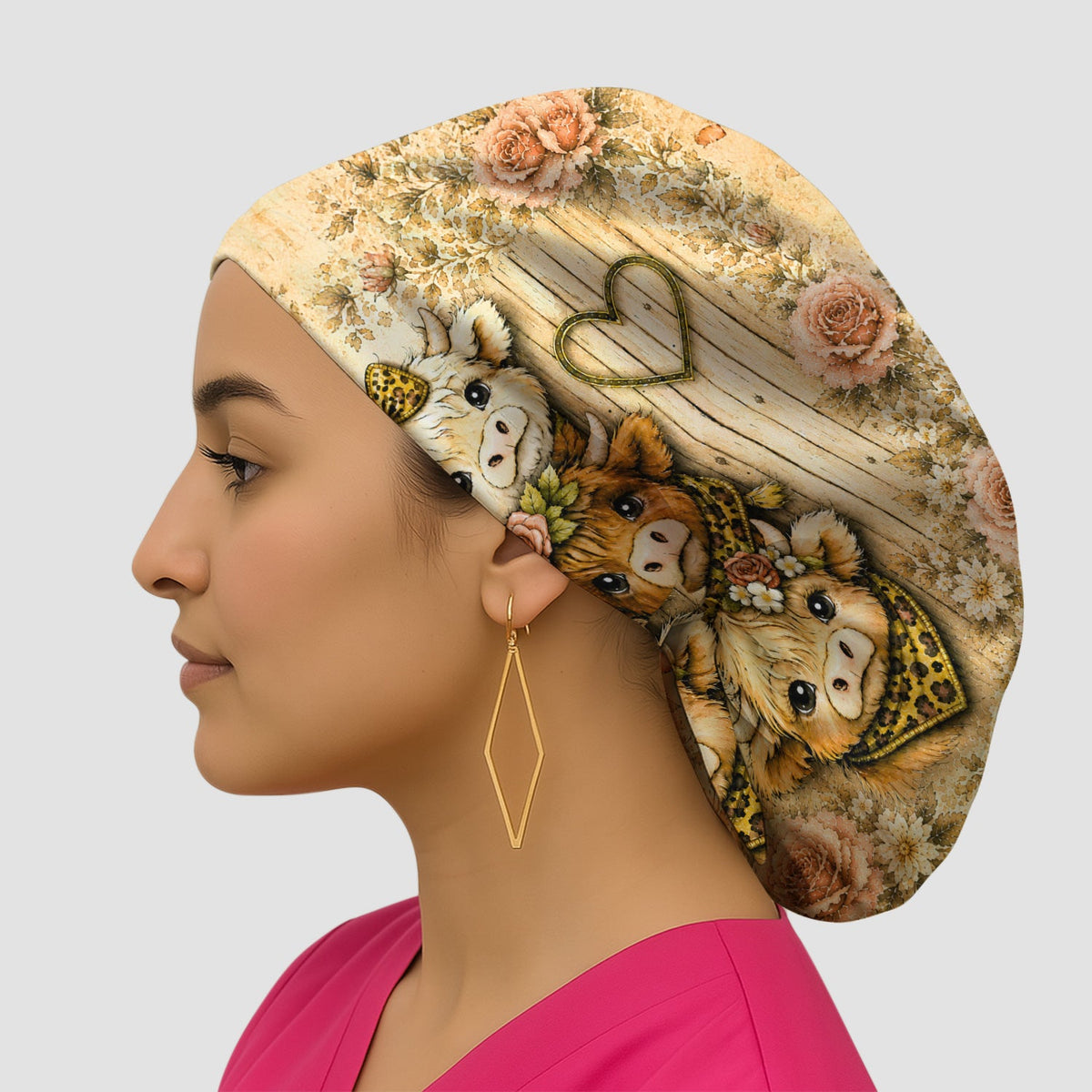 Highland Cow Floral Farmhouse Scrub Cap For Nurse