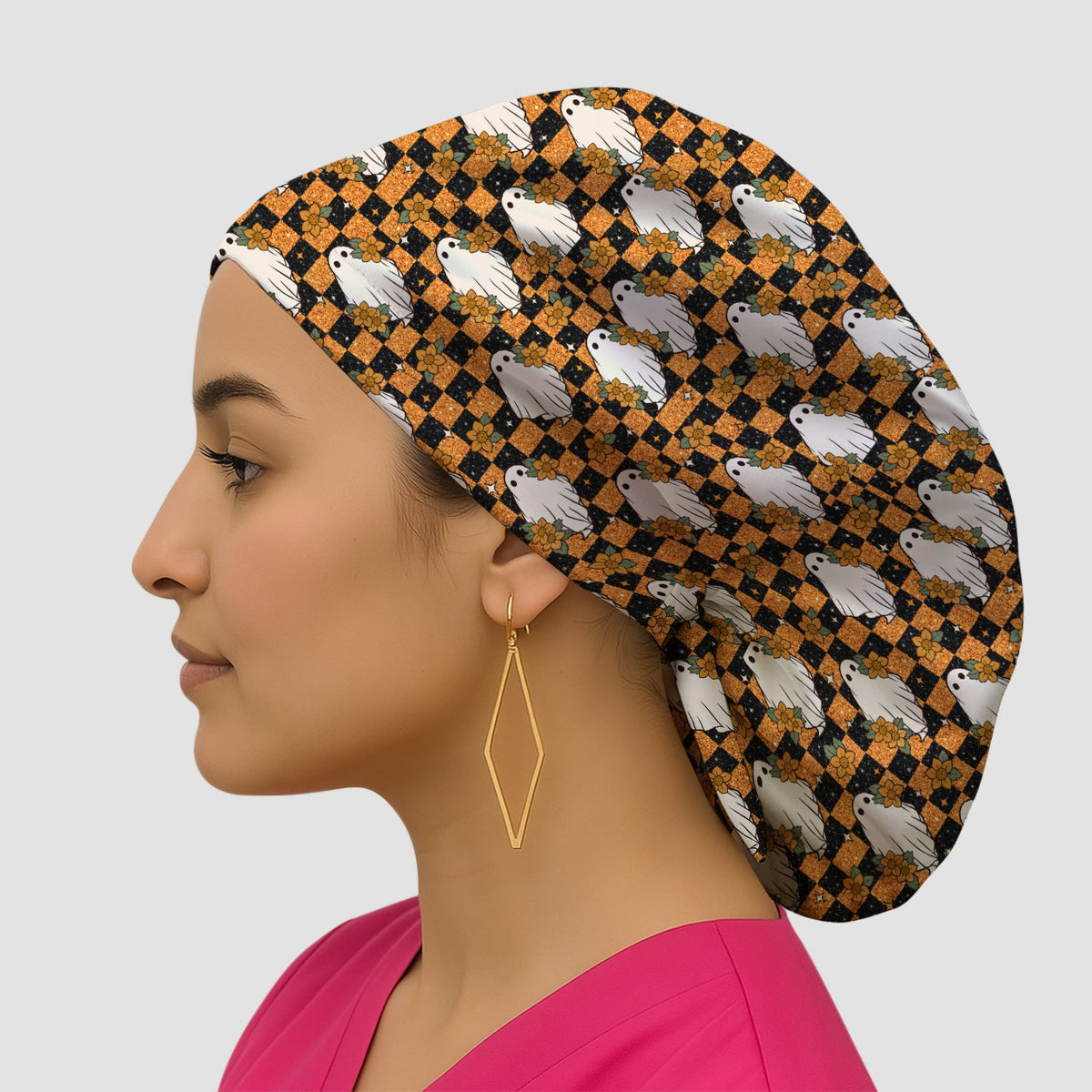Spooky Ghost Checkerboard Scrub Cap