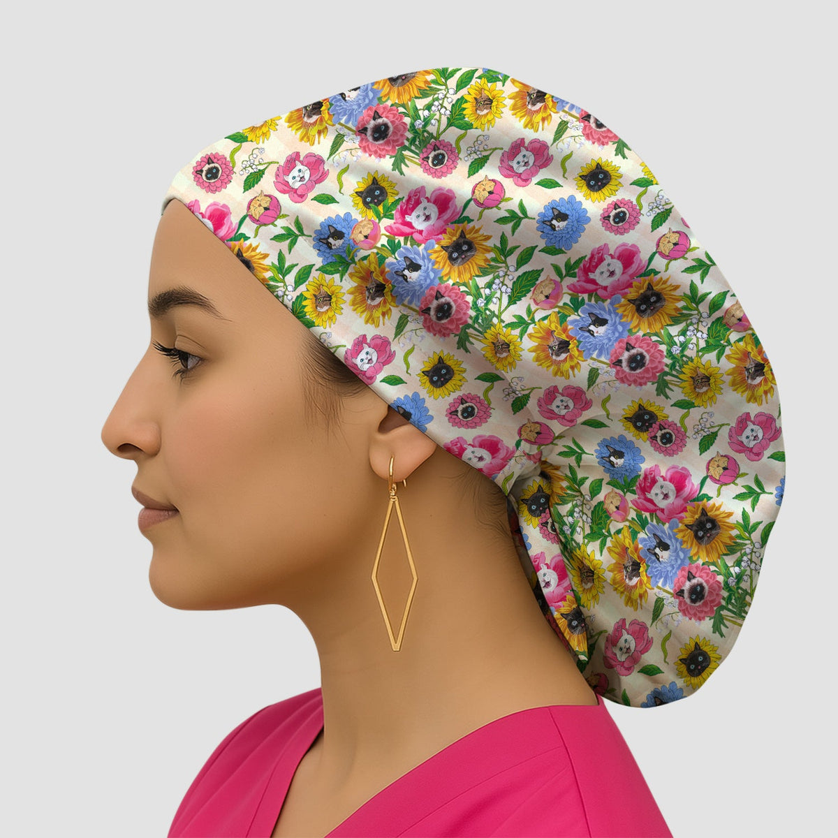 Cat Face Flower Garden Scrub Cap