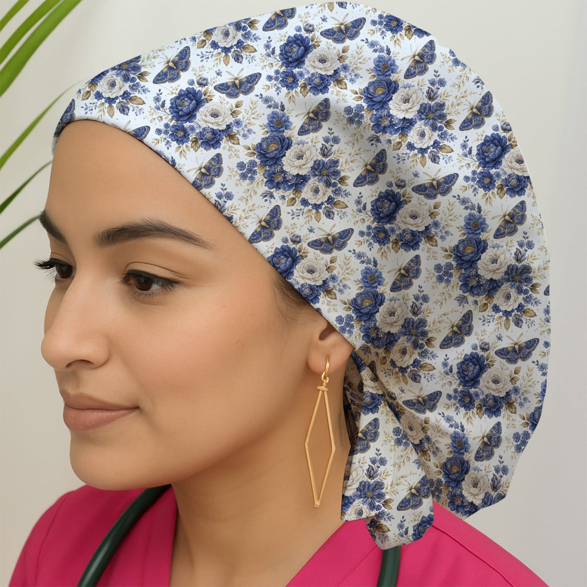 Cute Blue Floral Moth Scrub Cap