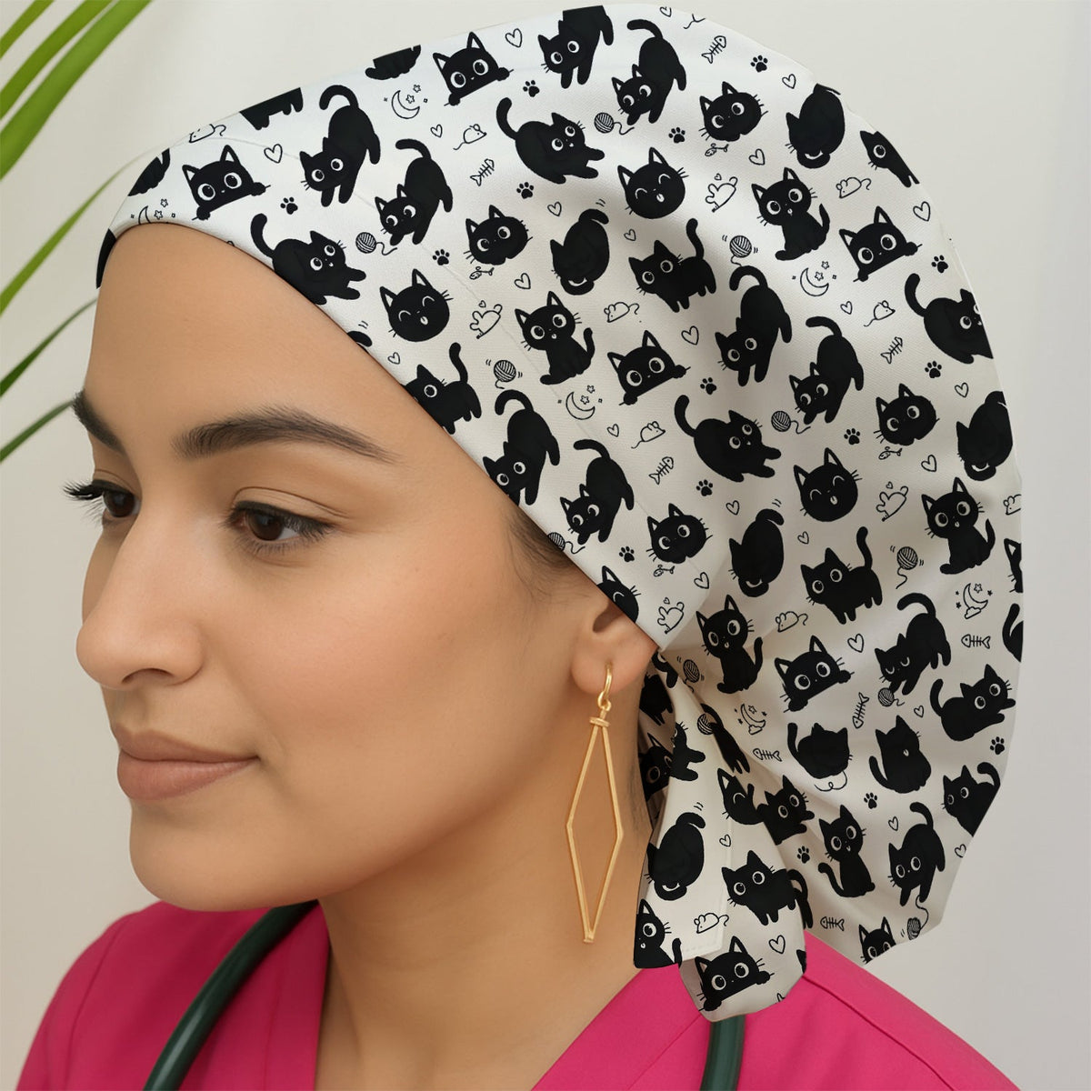 Playful Black Cat Scrub Cap