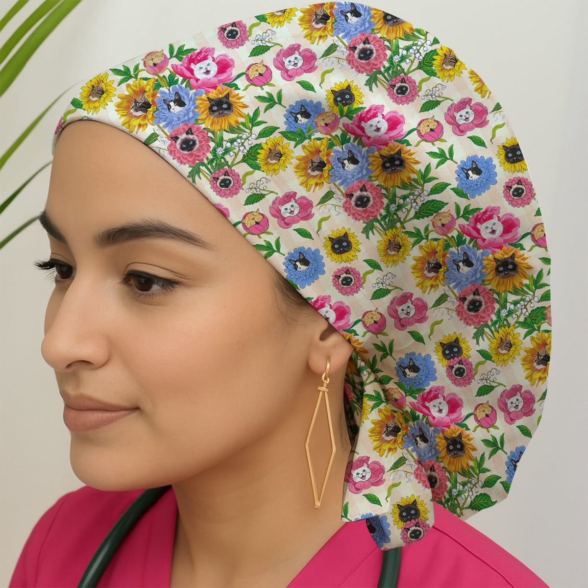 Cat Face Flower Garden Scrub Cap