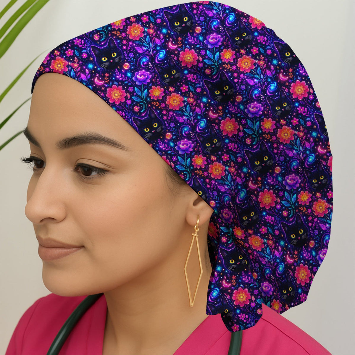 Galaxy Black Cat Floral Scrub Cap