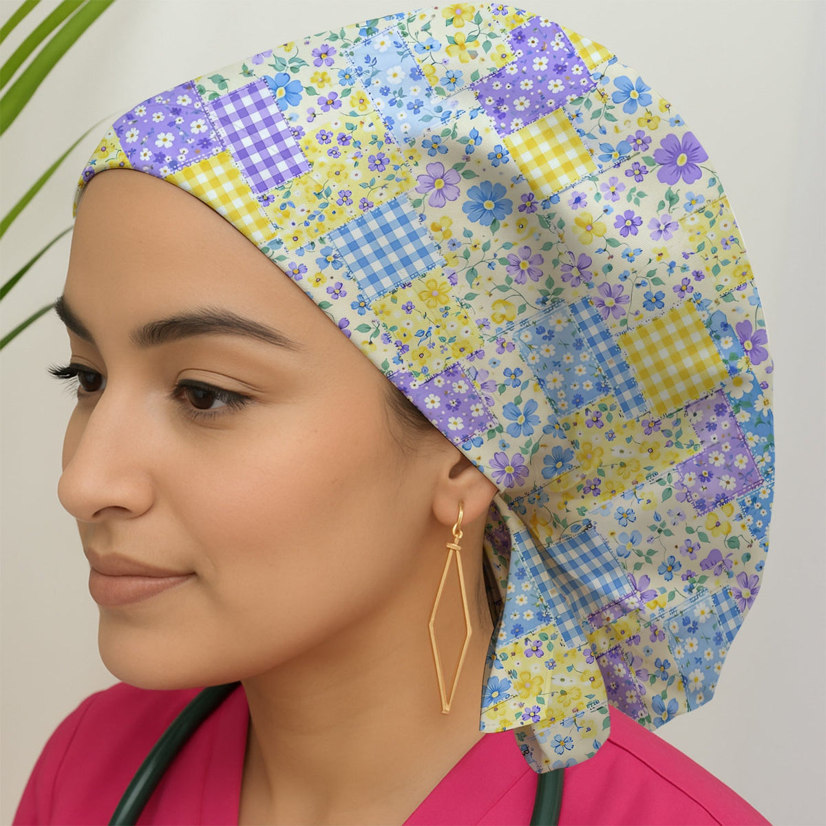 Floral Patchwork Gingham Scrub Cap