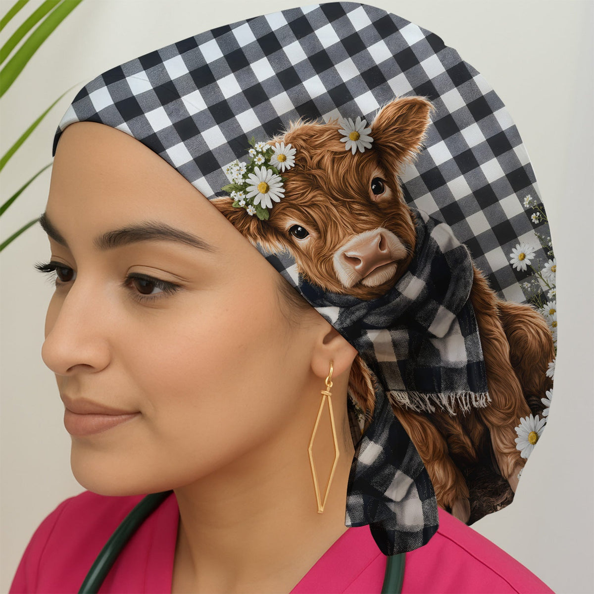 Highland Cow Daisy Scrub Cap For Nurse