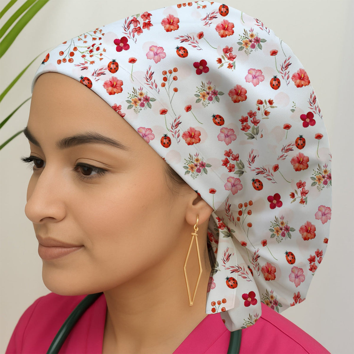 Red Ladybug Floral Garden Scrub Cap