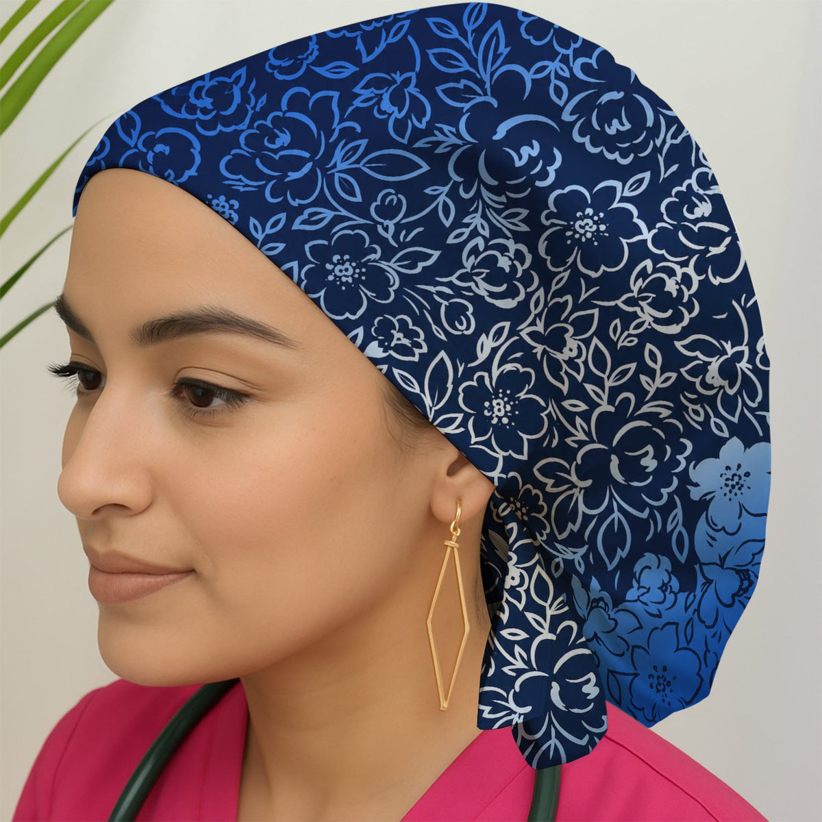 Navy Botanical Flower Scrub Cap