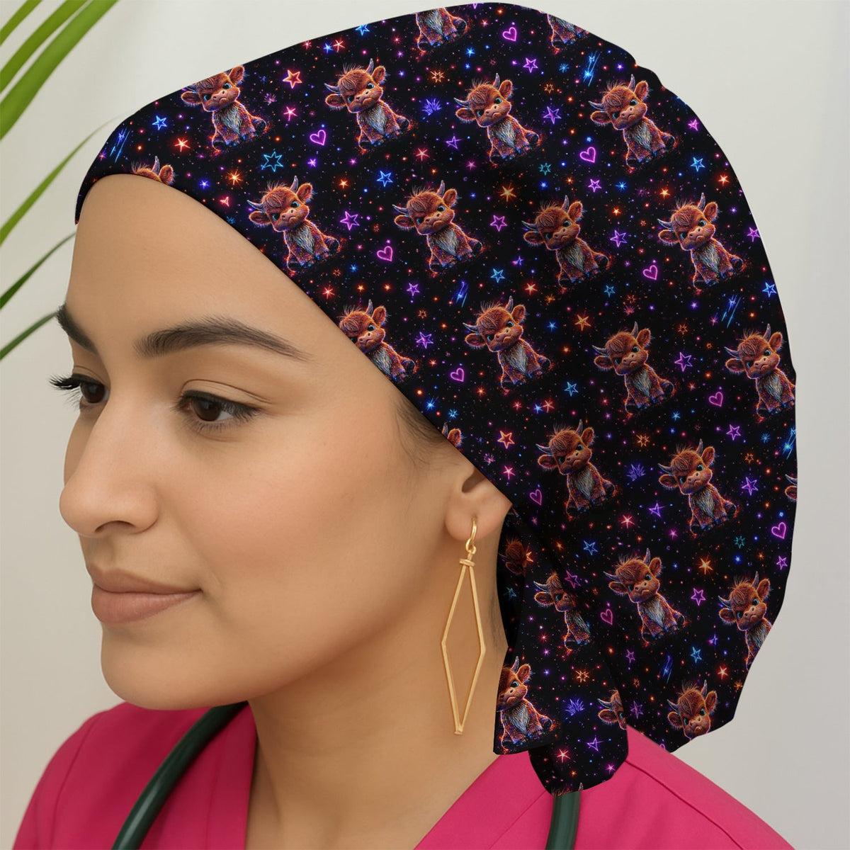 Neon Highland Cow Stars Scrub Cap