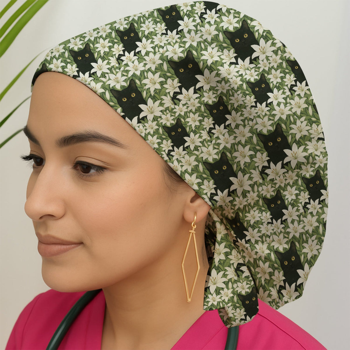 Black Cat Hidden In Lily Garden Scrub Cap