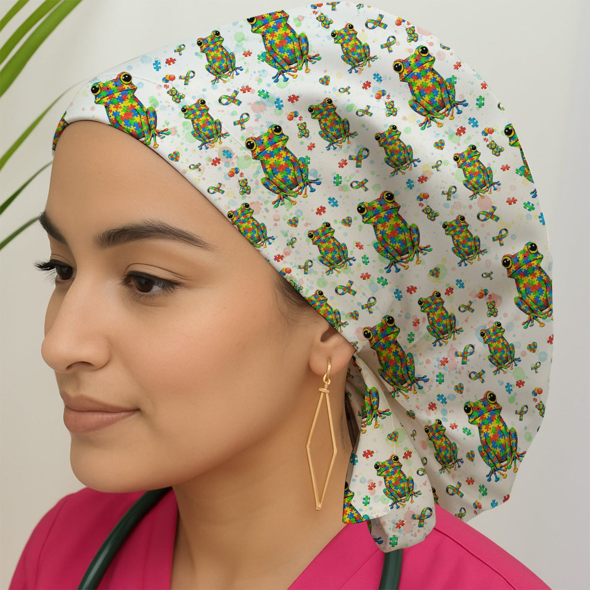 Colorful Autism Puzzle Frog Scrub Cap