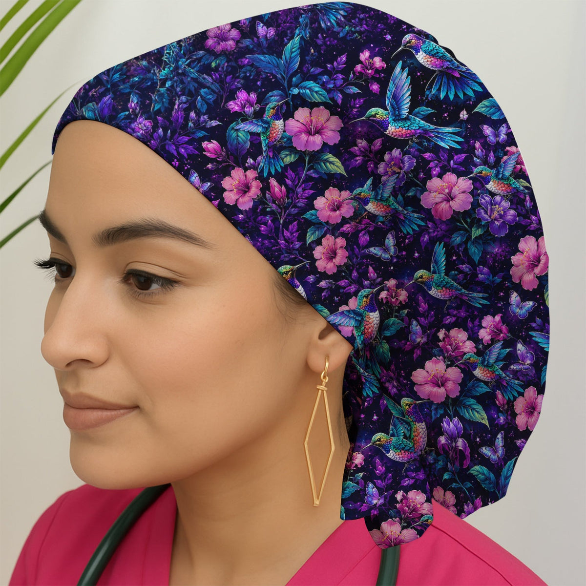 Vibrant Hummingbird Hibiscus Blossom Scrub Cap