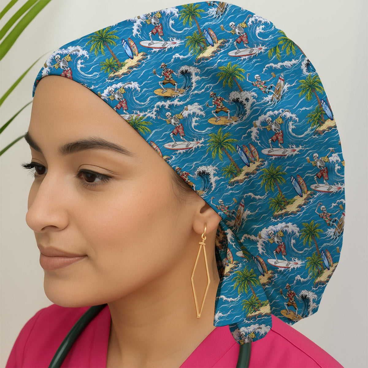 Spooky Tropical Skeleton Surfer Scrub Cap