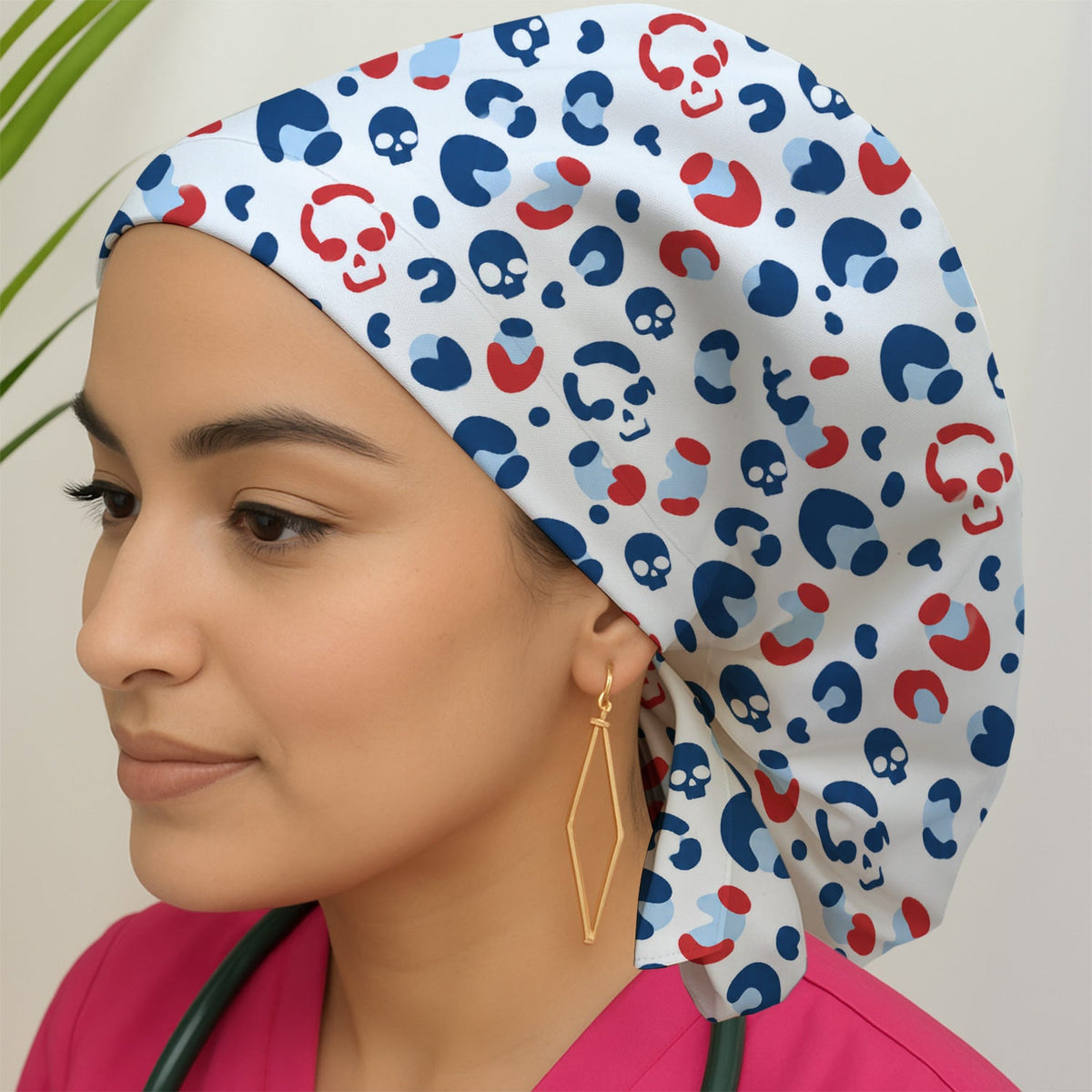 Red Blue Skull Leopard Scrub Cap