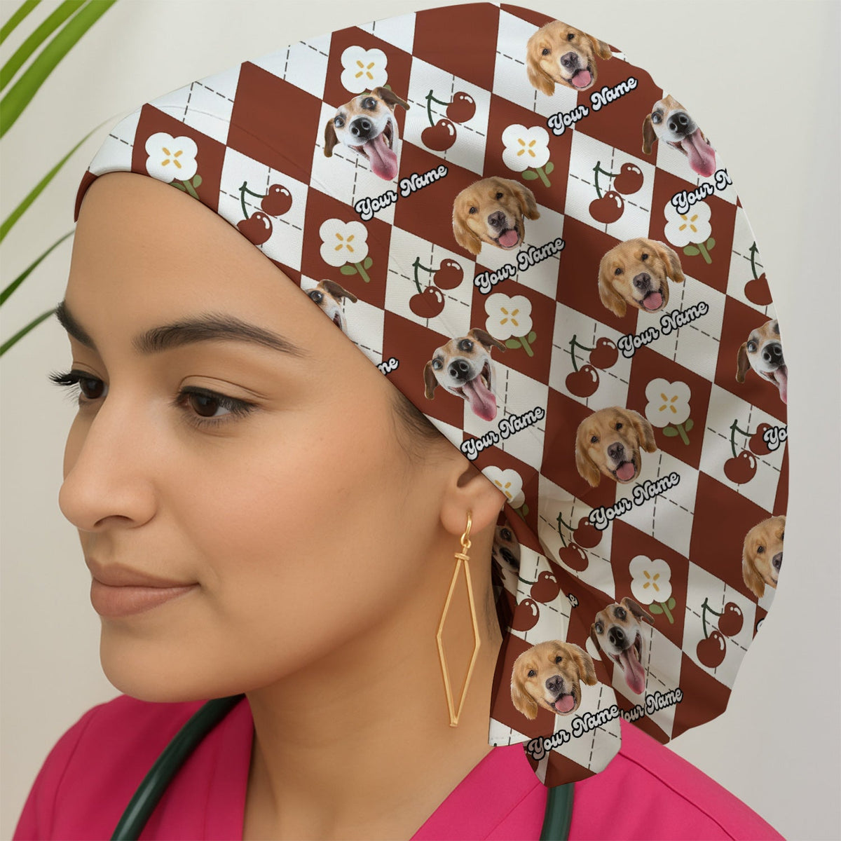 Dog Face Cherry Argyle Scrub Cap