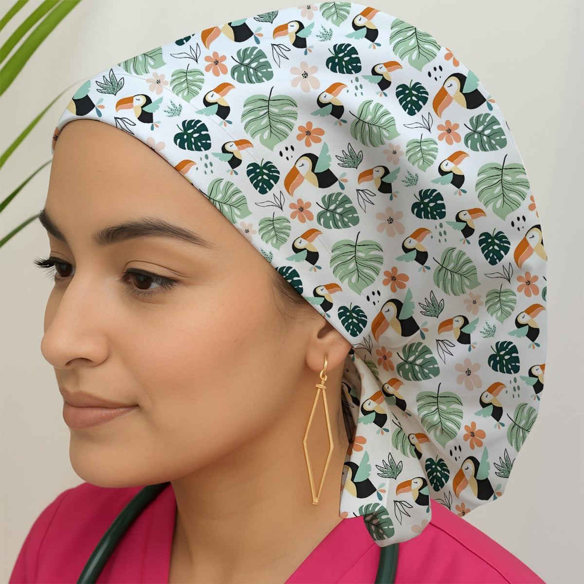Tropical Toucan Leaf Floral Scrub Cap