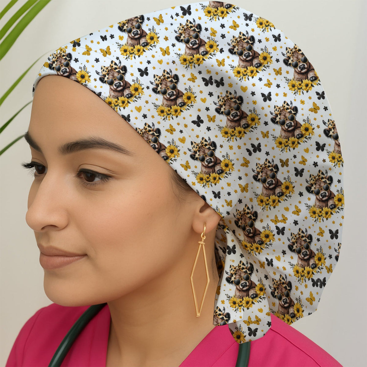 Cow Sunflower Bow Scrub Cap