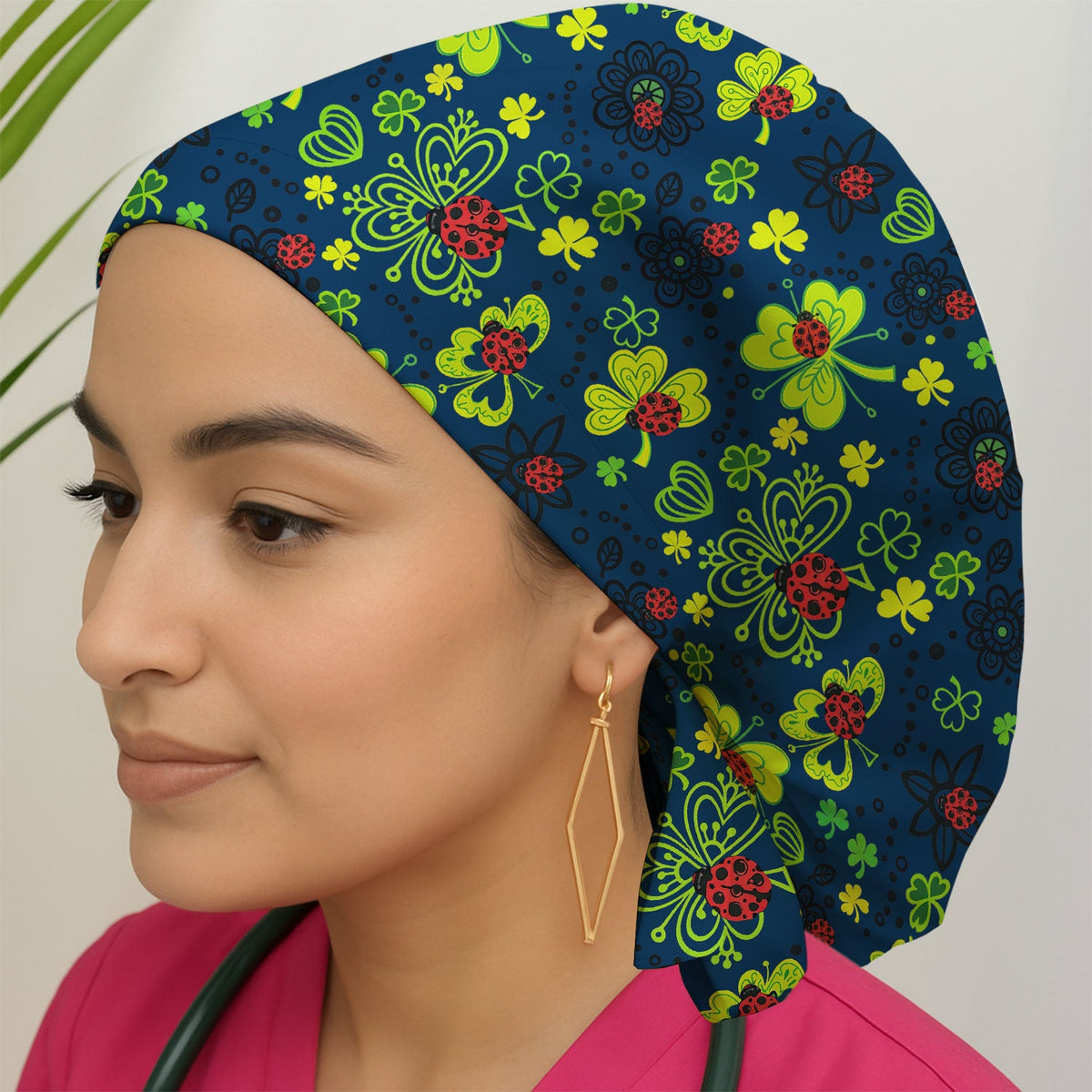 Ladybug Clover Floral Scrub Cap