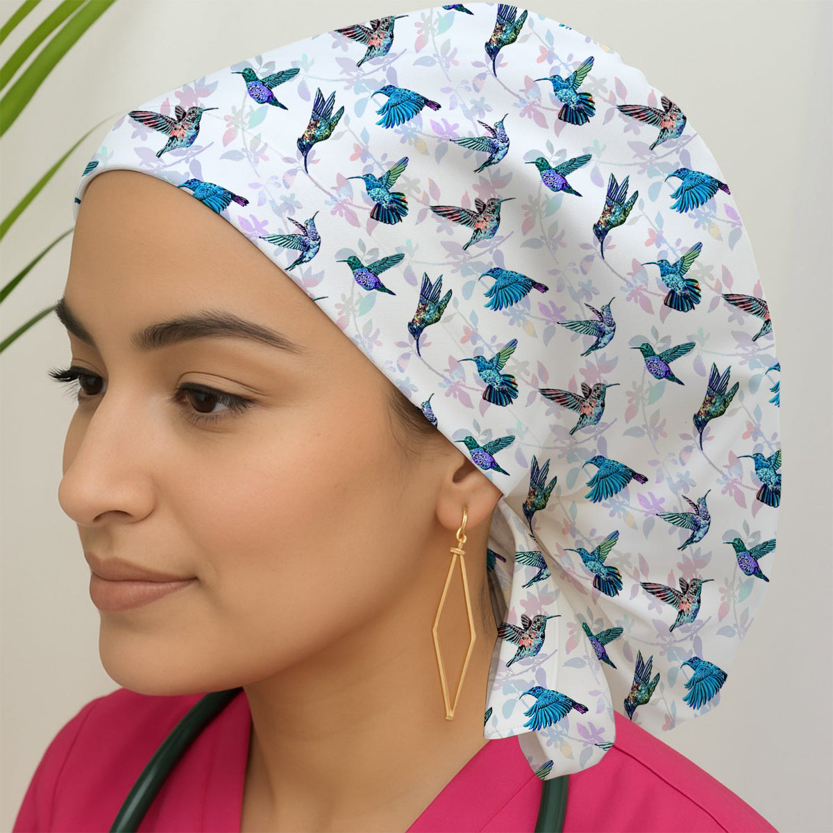 Cute Hummingbird Floral Scrub Cap - Colorful Flying Birds & Floral Design - Gift for RN LPN CNA